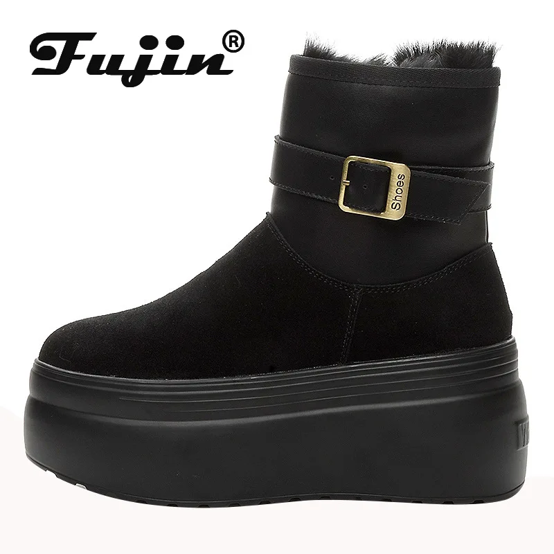 

Fujin 8cm Suede Cow Genuine Leather 2024 Spring Warm Plush Women Boots Zipper Ankle Booties Autumn Platform Wedge Winter Shoes