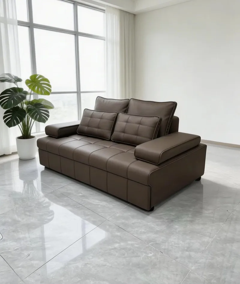 Convertible retractable sofa bed with reclining armchair set, leather upholstery, suitable for home and hotel use