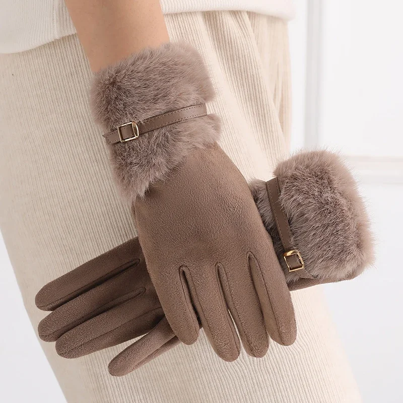 Damen-Winterhandschuhe mit Touchscreen, geeignet zum Fahren und Radfahren mit Fleecefutter, warme, winddichte Plüschdekoration