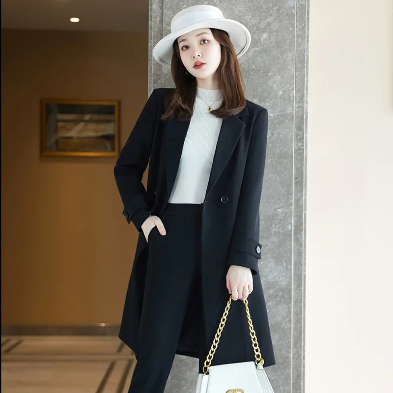 2022 Winter High-end Women\'s Business Suit Pants Two-piece Set Temperament Slim Solid Color Lady Double Breasted Trench Coat