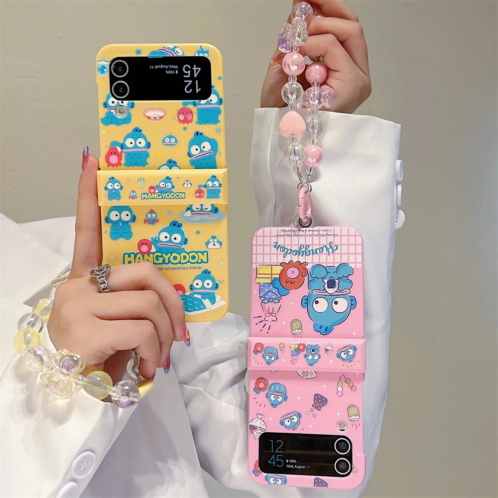 Cartoon Hangyodon with Lanyard Candy Color Phone Case for Samsung Galaxy Z Flip 3 4 5 6 5G PC Hard Anti-drop Back Cover Funda