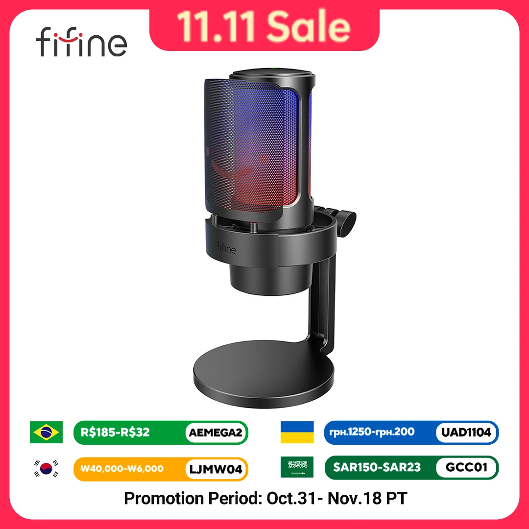 FIFINFIFINE USB Gaming Microfono Para PC Mac PS4 PS5, RGB Condensador Micrófono Per Streaming,Podcasts, Con Control RGB A8