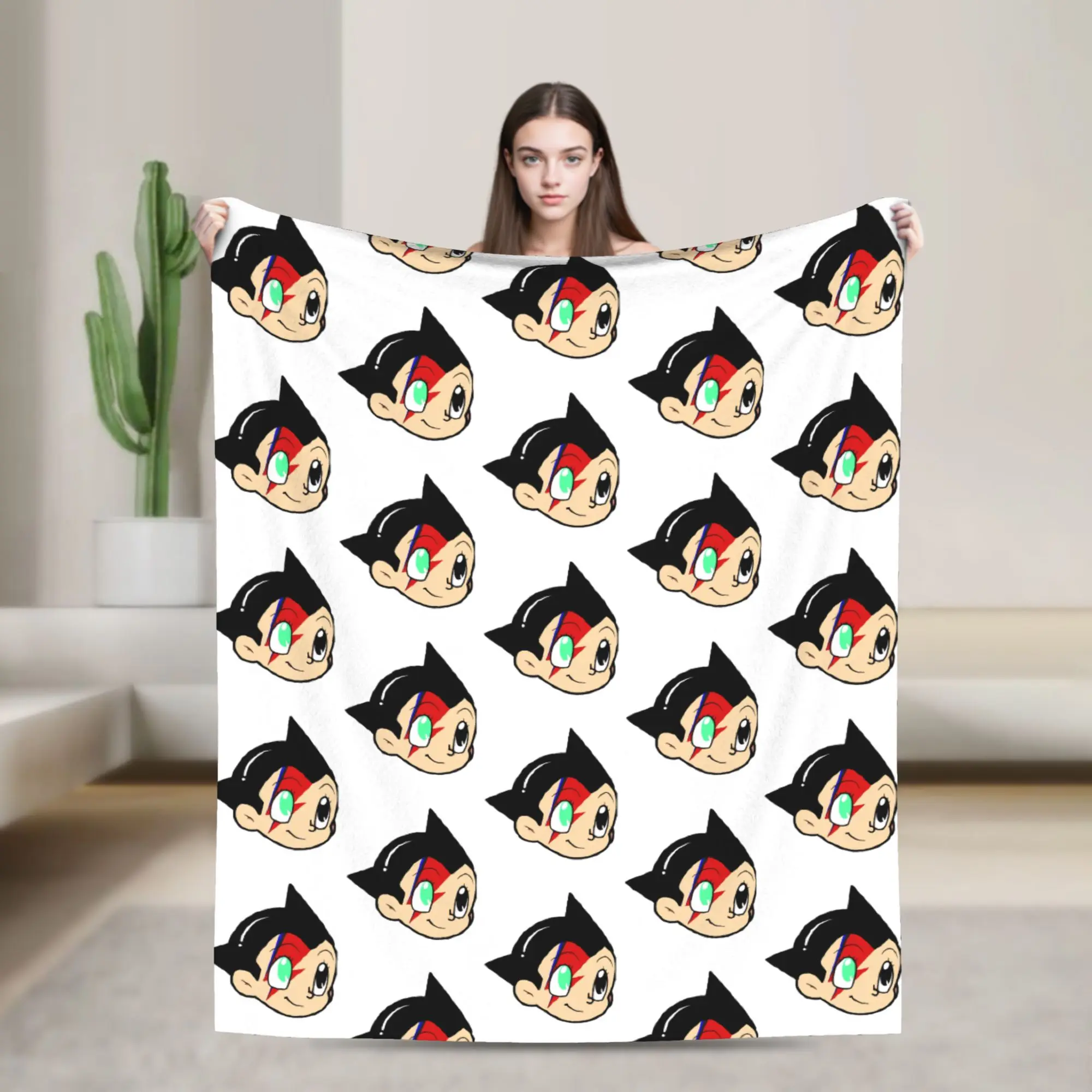 Astroboy Head Flannel Throw Blanket Astro Boy Robot Blankets for Sofa Couch Warm Bedspread