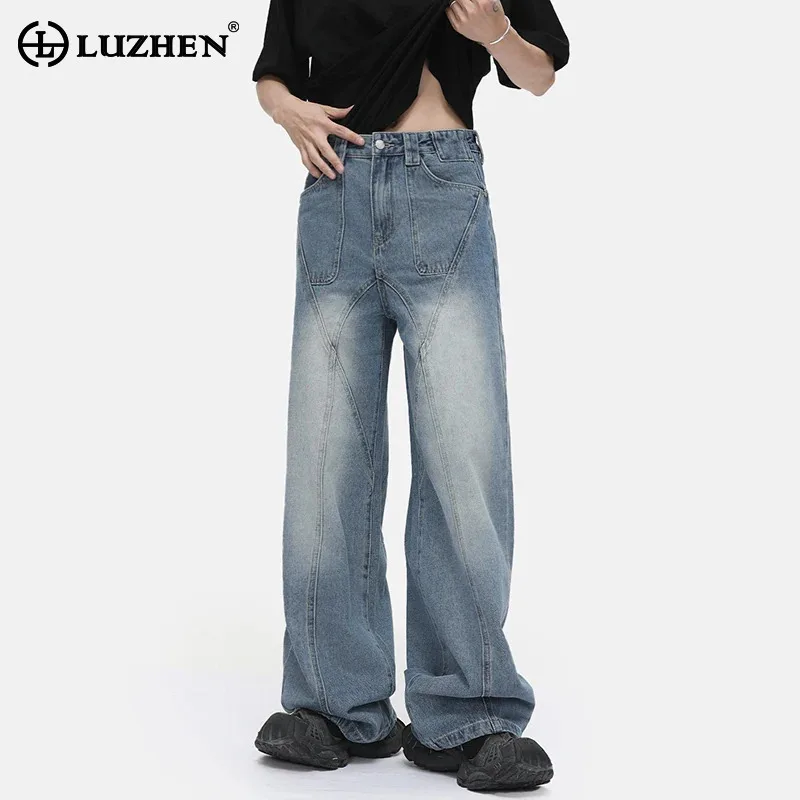 

LUZHEN 2025 New Fashion Vintage Washed Straight Denim Pants Men High Quality Loose Casual Jeans Wide Leg Stripe Patchwork JY3029