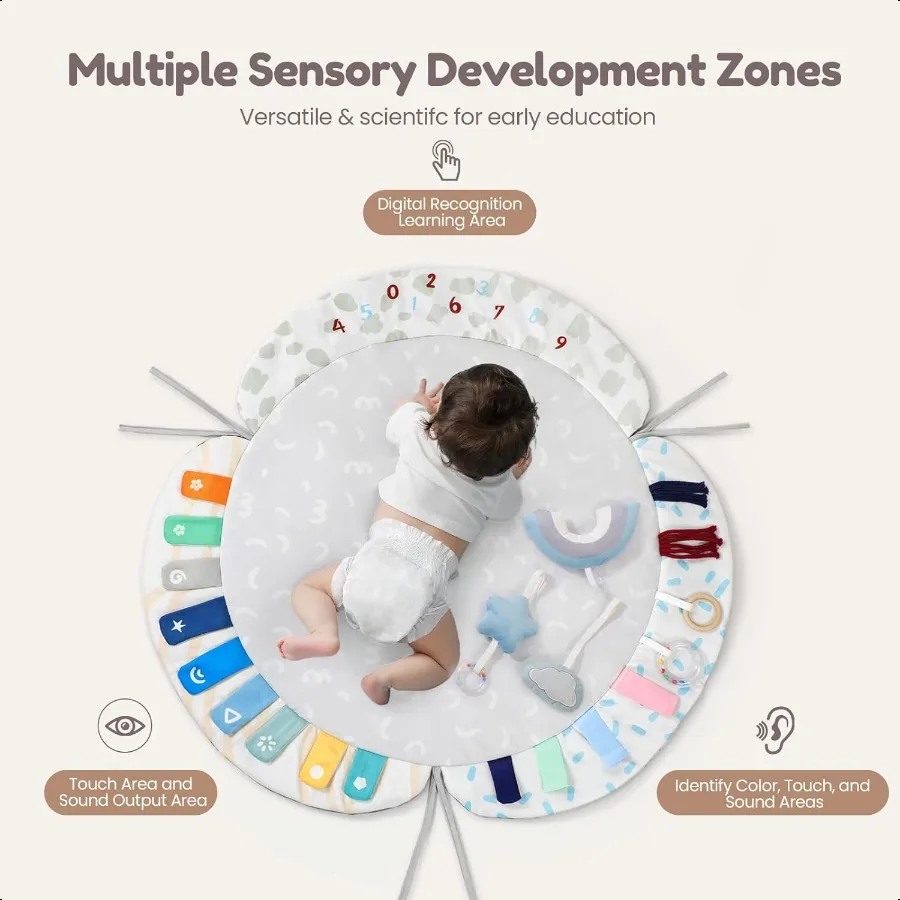 EXIN DECHEN Baby Play Gym Activity Mat إطار من الخيزران العضوي الطبيعي مع 4 ألعاب حسية قابلة للفصل بساط لعب وقت البطن لـ B