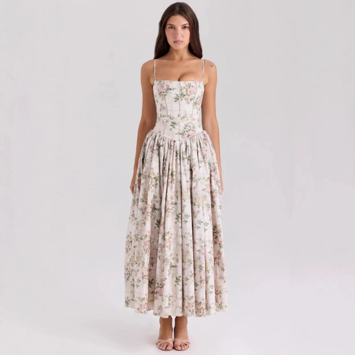 Women's White Floral Print Corset Maxi Dress Spaghetti Strap Pleated A-Line Summer Elegant Long Vacation Gown view 2