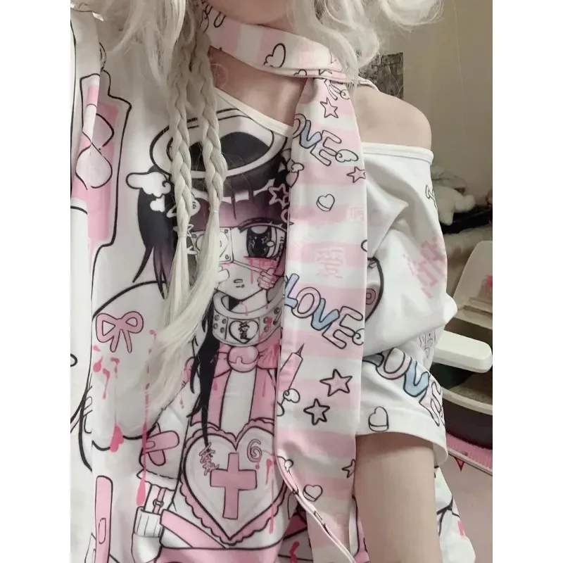 Japanese Loose Long Y2k Anime Printed Tees Short Sleeve Women\'s Cosplay T-shirts Summer Fashion Casual Summer Harajuku Tops