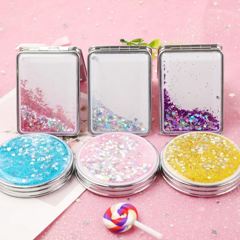 Portable Double-Sided Folding Makeup Mirror Women Gifts with Flowing Sparkling Sand Mini Cosmetic Mirror Compact Pocket Mirrors