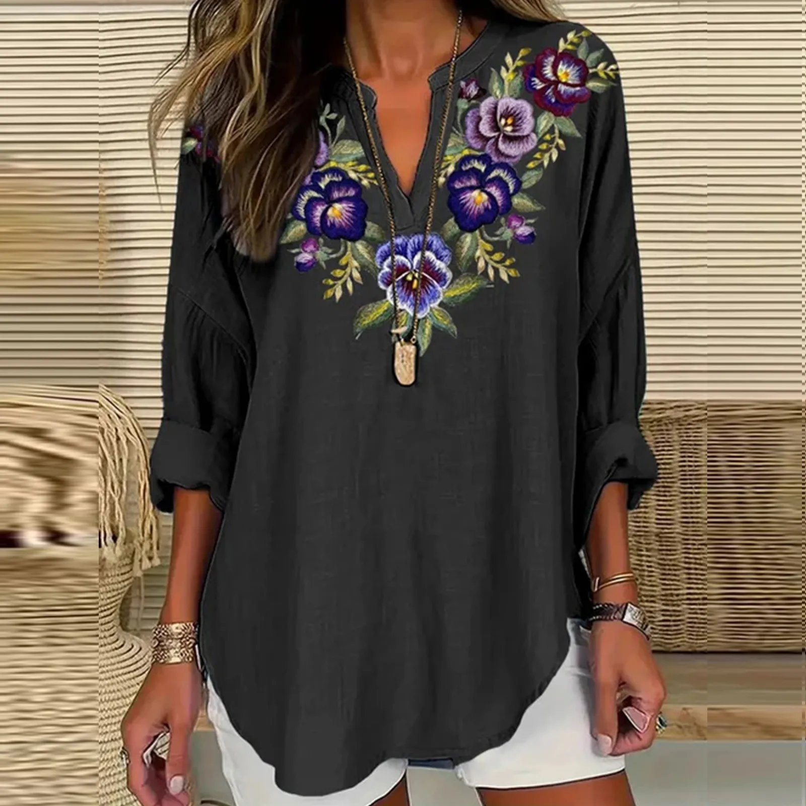 Casual Short Sleeved Sheer Blouses Women Women\'S Fashion V Neck Long Sleeved Purple Floral Printed Top Plus Size Ruffled Tunic