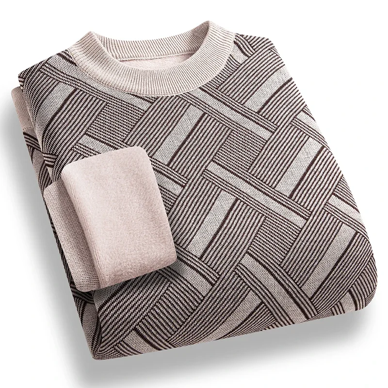 Soft Stretch Knitted Men Pullover Irregular Woven Jacquard Design Ribbed Wrist Cuffs Autumn Semi Formal Leisure Jumper