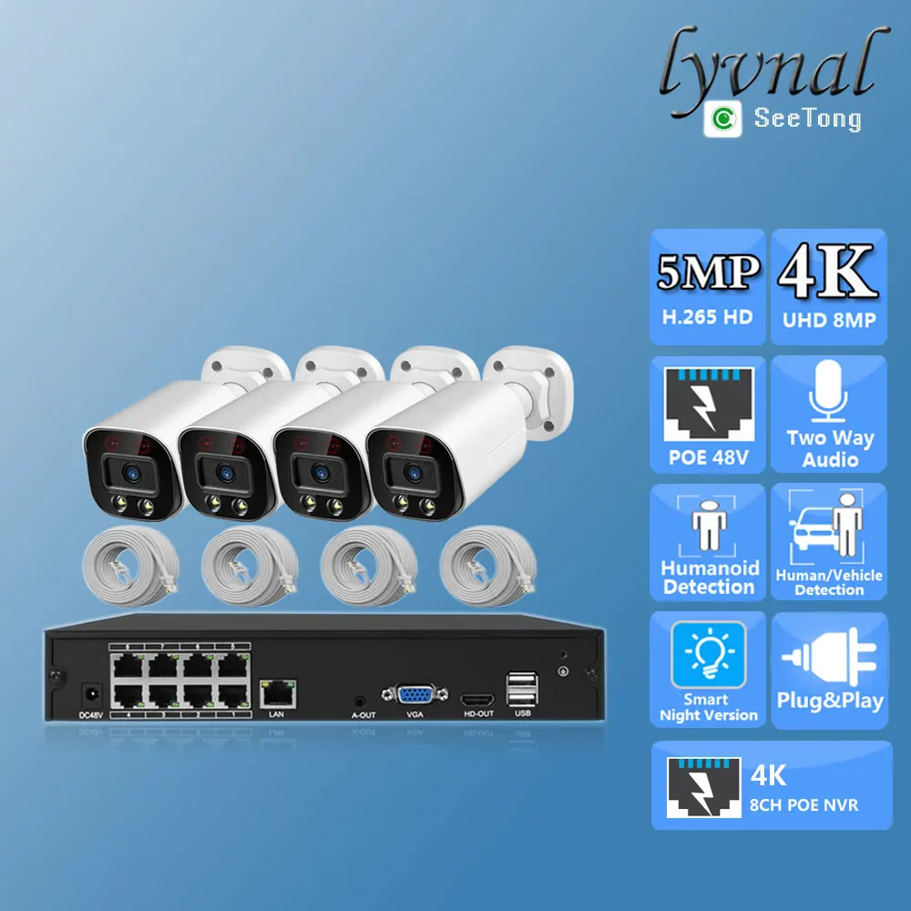 

4CH So-ny415 4K 8MP Bullet Security IP Camera PoE 20m Cable Two Way Audio IR/Color Night Vision 4K 8CH POE NVR Kit Plug And Play