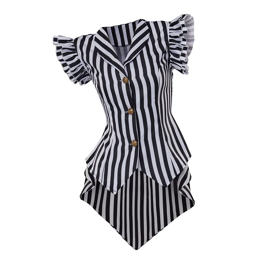 

Halloween Costume Women Gothic Steampunk Coat Striped Lapel Collar Jacket Victorian Punk V Neck Flying Sleeve Jacket Tops Daily