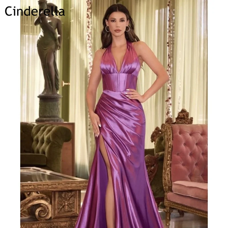 

Newest Prom Dresses V-Neck Sleeveless Side Slit Silk Satin Mermaid Prom Dresses With Lace Up Back vestidos de fiesta de noche