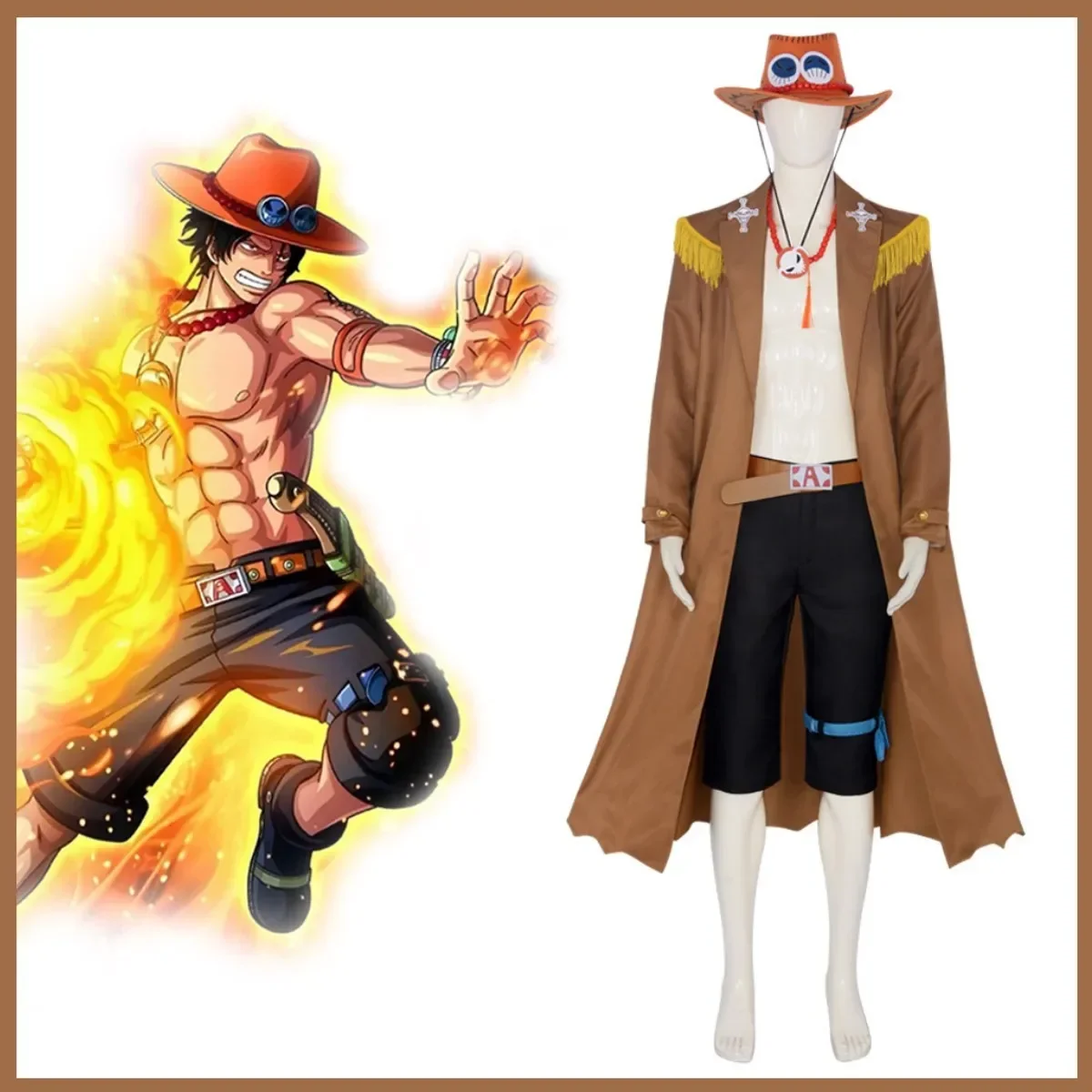 Anime Oka Shichibukai Portgas·D· Ace Cosplay Costume Coffee Color Long Trench Coat Shorts Uniform Man Halloween Christmas Suit