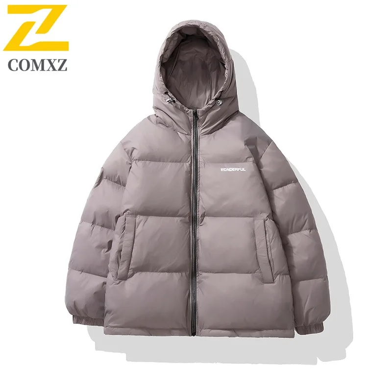 COMXZ Men Cotton Padded Jacket 2025 Coldproof Hooded Travel Snow Loose Lightweight Ski Padding Coat Trendy Street Winter Jackets