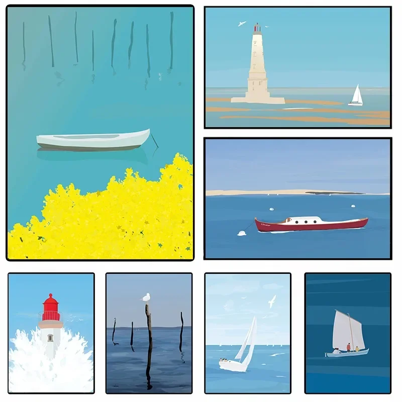 (No frame)Póster minimalista de viaje junto al mar, barco, faro, ondas, playa, surf, pintura en lienzo, arte de pared costero