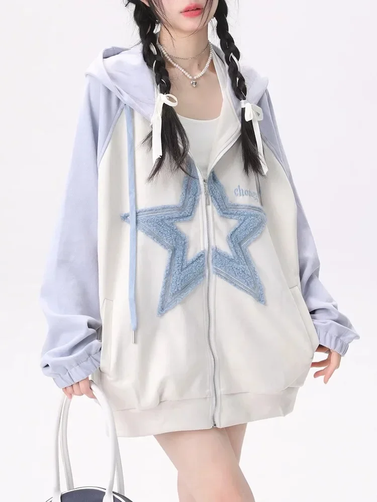 

ADAgirl Kawaii Zip Up Hoodies Sweet Star Pattern Oversized Raglan Sleeve Sweatshirts for Women Cutecore Fashion Aesthetic Tops