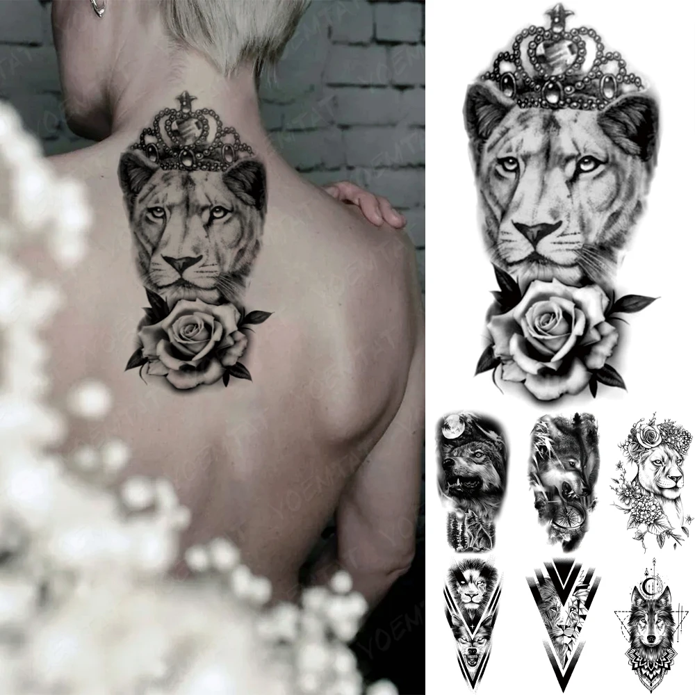 

Waterproof Temporary Tattoo Sticker Lion Crown Flash Tatto Wolf Tiger King Rose Flowers Body Art Arm Fake Tatoo Men Women