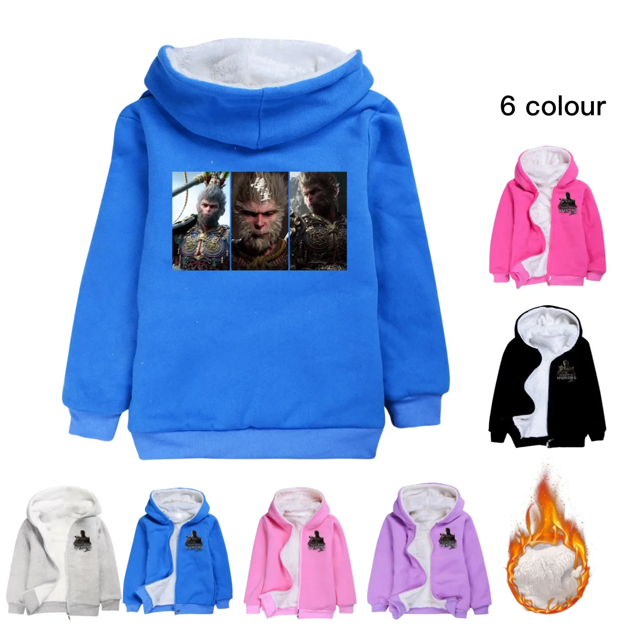 Kids New Fashion Children's Clothing Boys Black Myth Wukong Game Thick Jacket Coat  Anime Hooded Sweater Winter Warm Outerwe3744