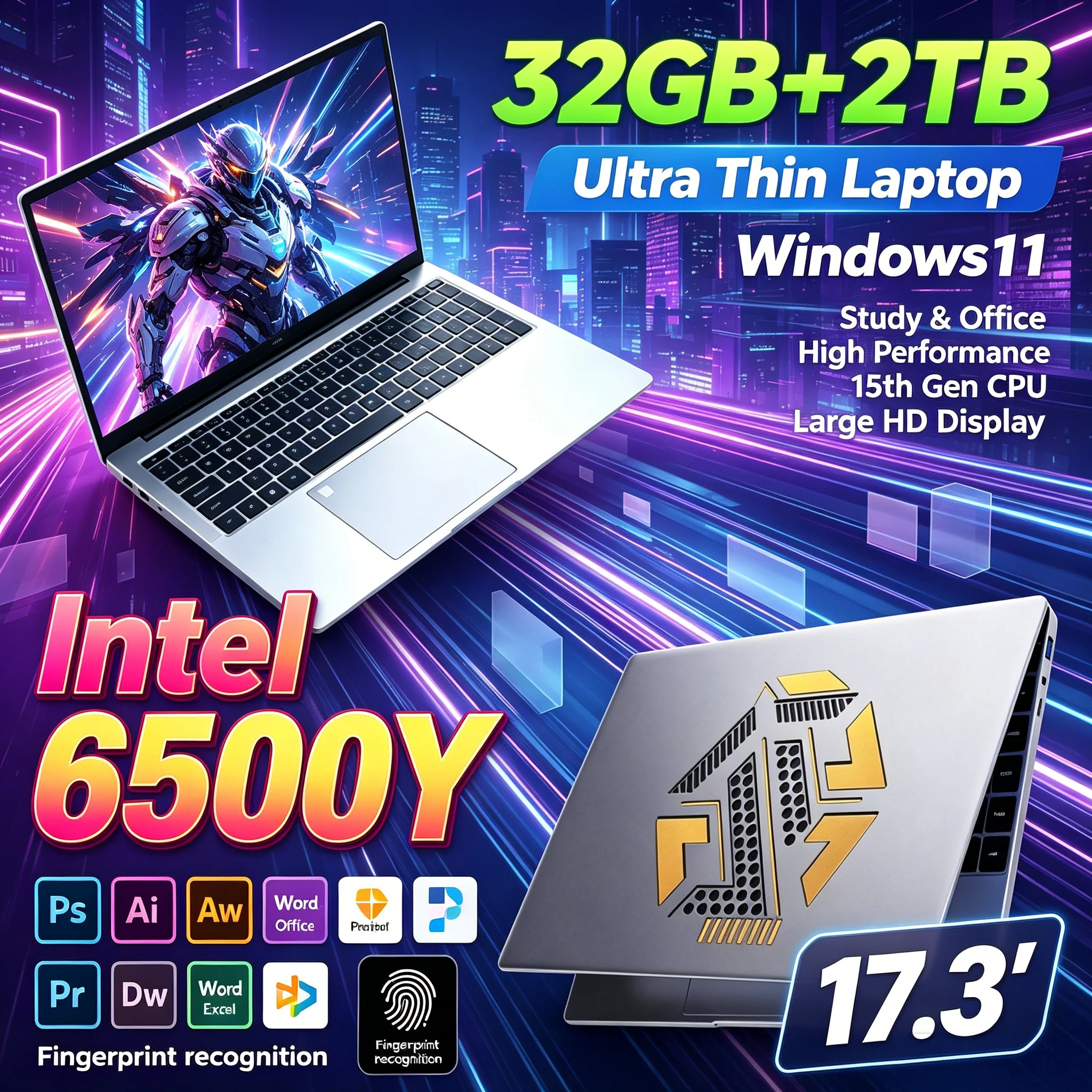 2026 New Household Work Notebook 17.3" Portable Laptop Intel 6500Y 32GB RAM 1TB/2TB SSD Windows11 WiFi6 BT5.2 Large HD Display