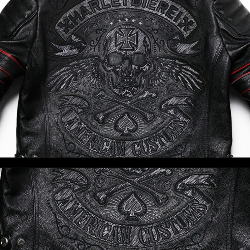 Black Autumn Leather Jacket Men Sports Style Plus Size 6XL Genuine Natural Cowhide Stand Collar Skulls Embroidery Leather Coat