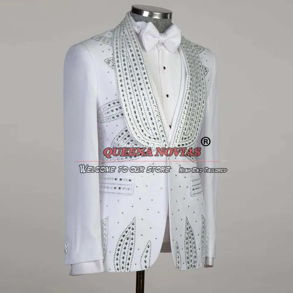 Traje blanco para hombre, conjunto de Blazer con cuentas de lujo, ropa de novio de talla grande, esmoquin masculino, vestido de fiesta de banquete de moda elegante