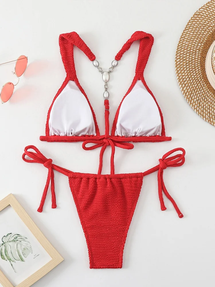 Bikini Women Swimsuit 2025 New Solid Sling Bikinis Set Sexy Lace Up Pearl Decoration Swimwear Summer Beach Bathing Suit Female