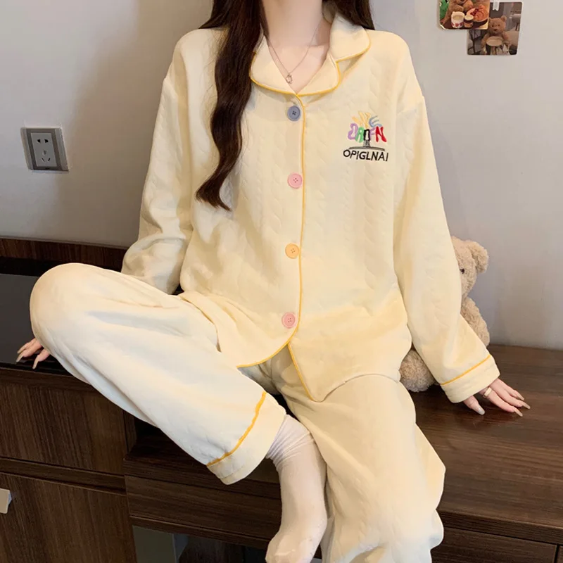 

Solid-Colour Sophisticated Instagram-Inspired Autumn/Winter Layered Air-Cotton Sweet Casual Pyjamas Ladies' Loungewear Set
