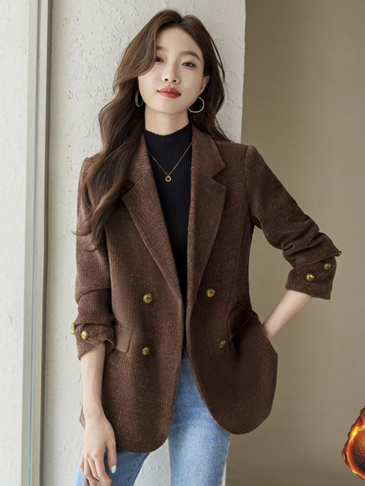 

Fashionable Velvet Suit Jacket Women Thickened Double-breasted Korean Style Autumn Winter High-end Sensation Commute Style