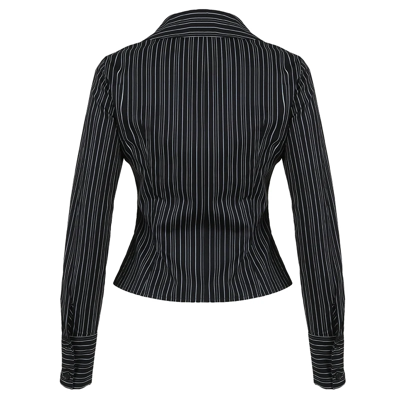 HEYounGIRL Women Black Striped Long Sleeve Button Up Shirt Autumn Elegant Casual Turn-down Collar Blouse Office Lady T-shirt