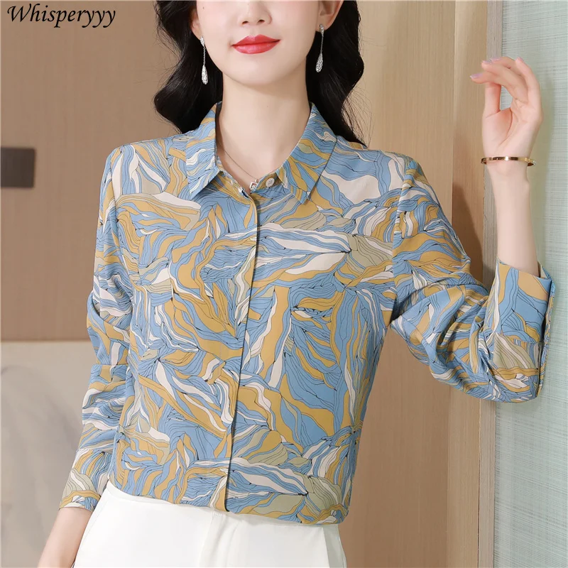Retro Printing Long-sleeved Blouse for Women 2025 Spring Medium and Long Turn-down Collar Tops Chemise Femme Button Shirt