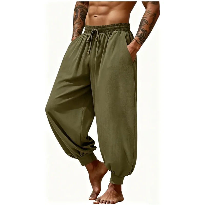 Mittelalterliche Knöchelhose für Herren, Renaissance Wikinger Piraten Schnürhose, Halloween Leinen Kostümhose, Cargo-Hose – Detail 11