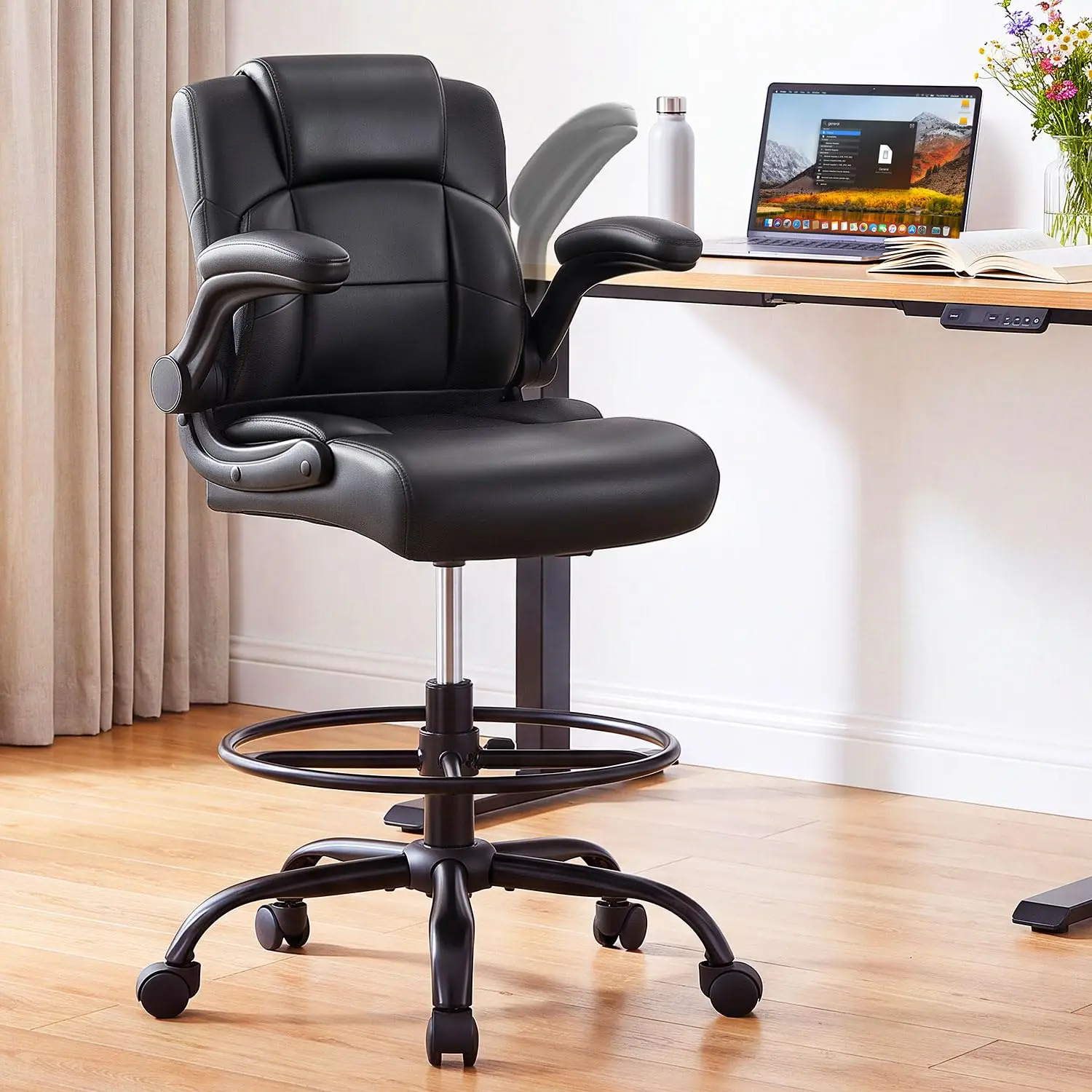 Pu Leather Drafting Chair,Tall Office Chair for Standing Desk with Footring,Counter Height Adjustable High Office Chair