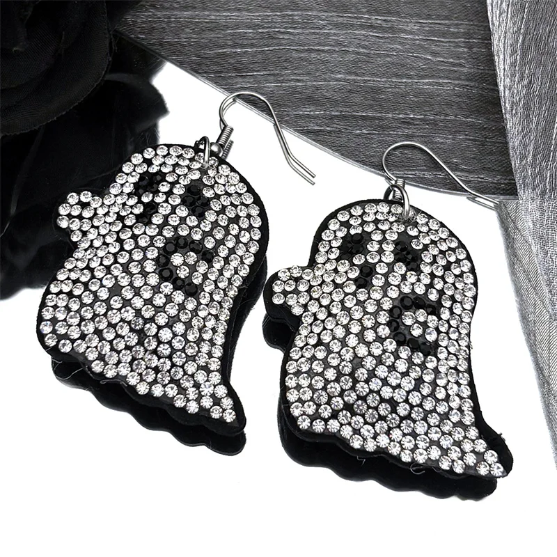 

Cute White Full Rhinestones Little Ghost Drop Earrings for Women Girls Stainless Steel Silver Color Hoop Earings Jewelry Gift