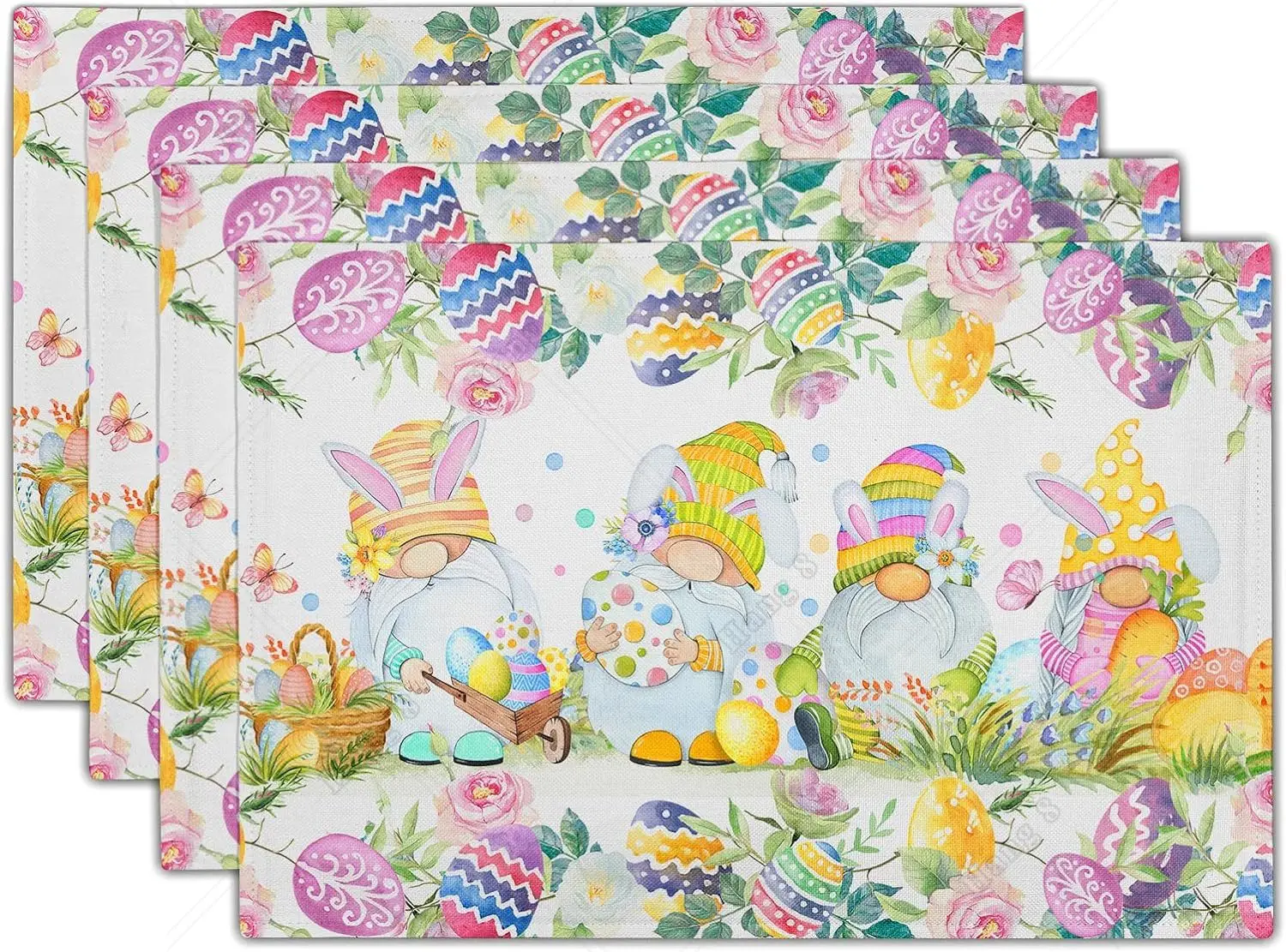 

Easter Gnome Placemats Set of 4 Cute Elf with Bunny Ears Linen Table Place Mat Watercolor Easter Eggs Spring Flower Non-Slip