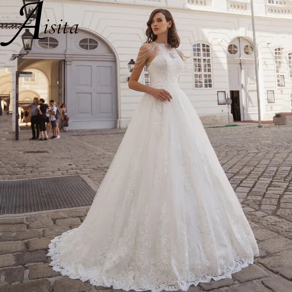 Robe de mariée perlée avec licou romantique, appliques en dentelle, robe de fibrients, ligne A, train de balayage, tension icide au dos, robe éducative