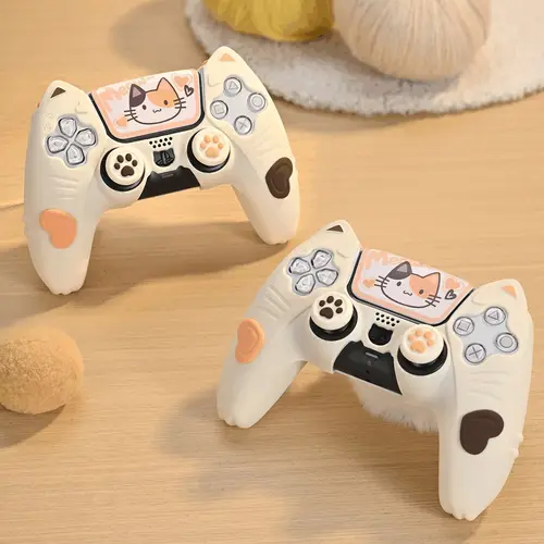 Imagen 2 del producto GeekShare Calico Cat Funda protectora de silicona para controlador inalámbrico PS5, con 2 tapas de agarre para pulgar y 2 pegatinas