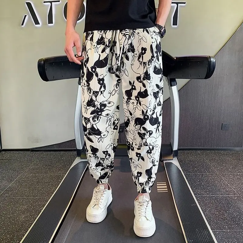 

Summer Ice Silk Thin Male Cropped Trousers Print Loose Men's Casual Harem Pants Big Size Designer Original Clothing Cheap Slacks