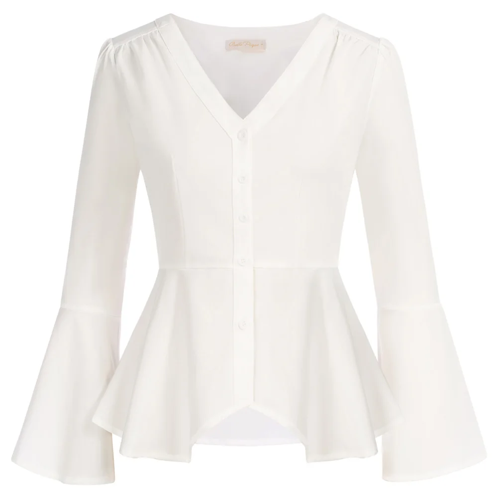 BP Women Vintage Irregular Hem Shirt Long Sleeve V-Neck Button-up Tops Summer Thin Blouse Elegant Office Lady Workwear A30