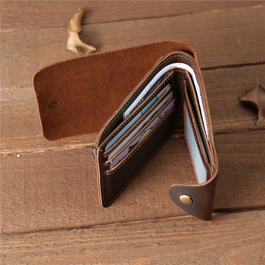 1130 Genuine Leather Men's Wallet Short Top Layer Cowhide Wallet with Multiple Card Slots and Button Pockets