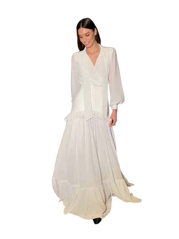 

Fashion V-neck Ribbon Top Long Skirt Suit Women Solid Full Sleeve Top Pleated Hip Pocket Skirt Set Lady Summer Chic 2 Piece Sets