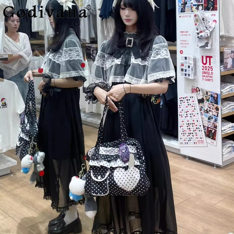 Abito giapponese a mantella in pizzo Rojita per ragazze Abito lungo stile gotico a mezza manica a vita alta Abito Lolita primavera estate da donna