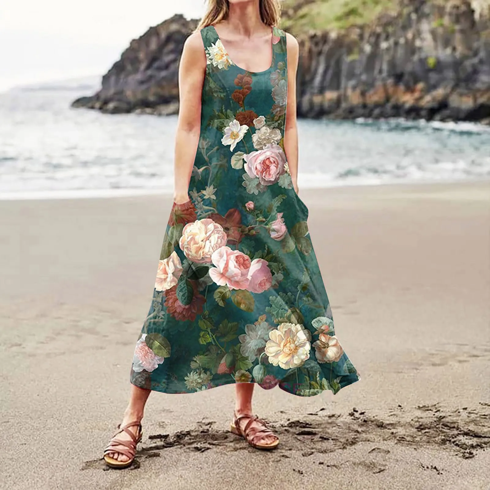 캐주얼 편안한 꽃 프린트 민소매 코튼, 포켓 비치 원피스, 우아한 여성 드레스, 여름 패션
