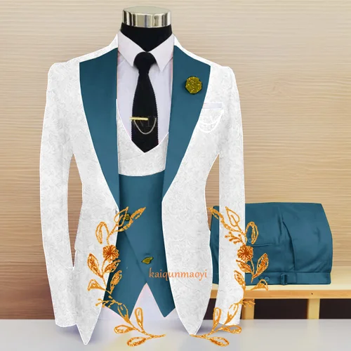 Imagen 2 del producto Traje de Jacquard para hombre, conjunto de 3 piezas, esmoquin Formal para novio de boda, Blazer blanco, traje Formal ajustado, traje elegante para hombre