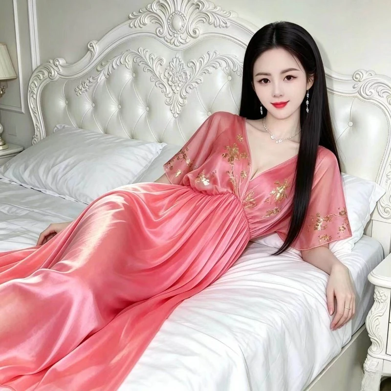 Summer New Style Silk Ice Silk Scarf Deep V-neck Sexy Smooth Soft Men's Women's Elastic Sleeping Dress Evening Party Long Skirt