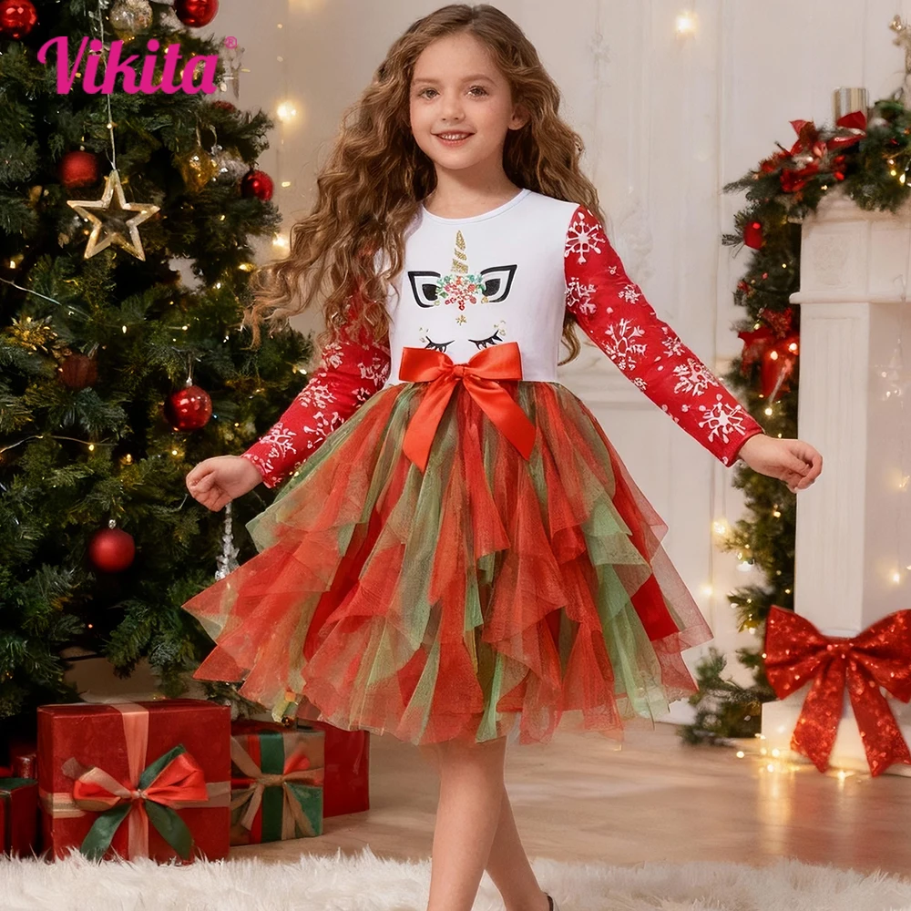 VIKITA Weihnachts-Einhorn-Kleid für Mädchen, langärmelig, Tutu-Kleid mit Schneeflocken-Aufdruck und rot-grünem, gestuftem Tüllrock für Weihnachten