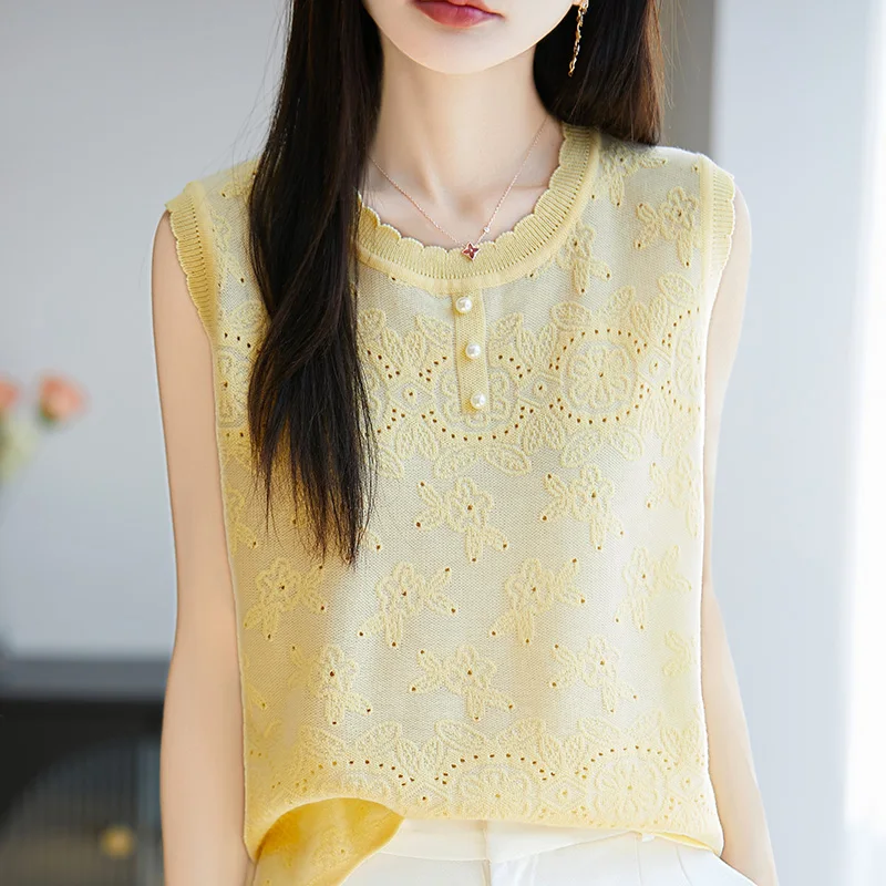 صيف جديد الصوف محبوك المرأة سترة دون أكمام موضة عادية الراقية الجاكار الأعلى الجولة الرقبة فضفاضة لينة البلوز تي شيرت #4