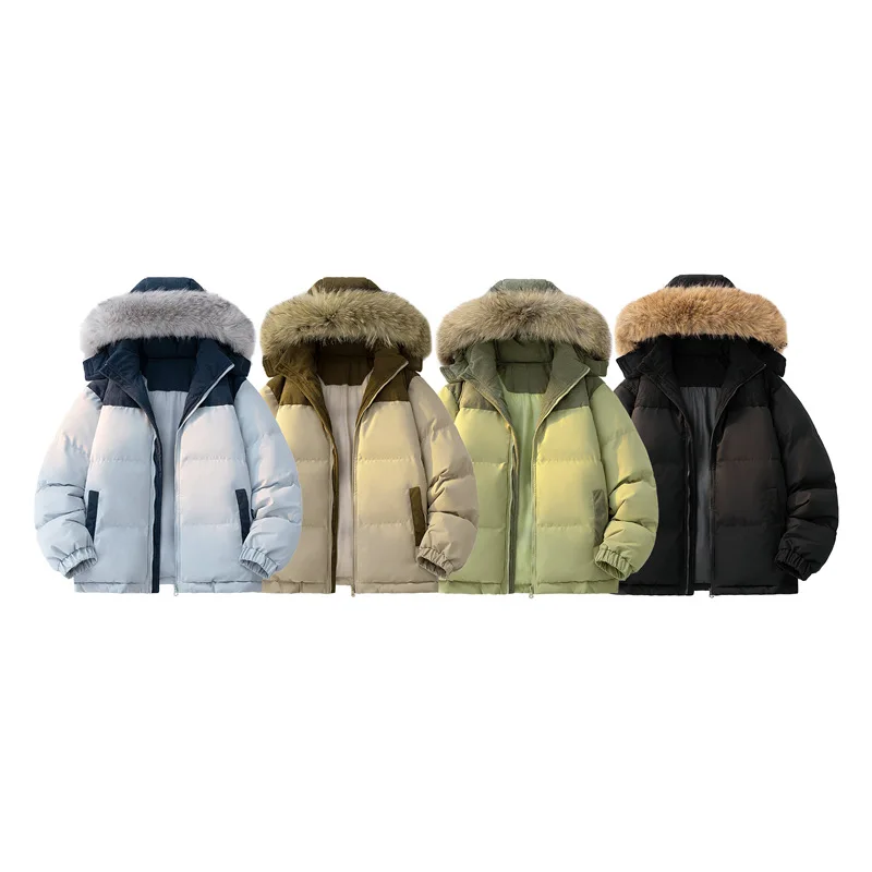 Men's Color Block Cotton Jacket with Large Fur Collar Windproof Warm Winter Bread Coat for Teenagers Loose Fit