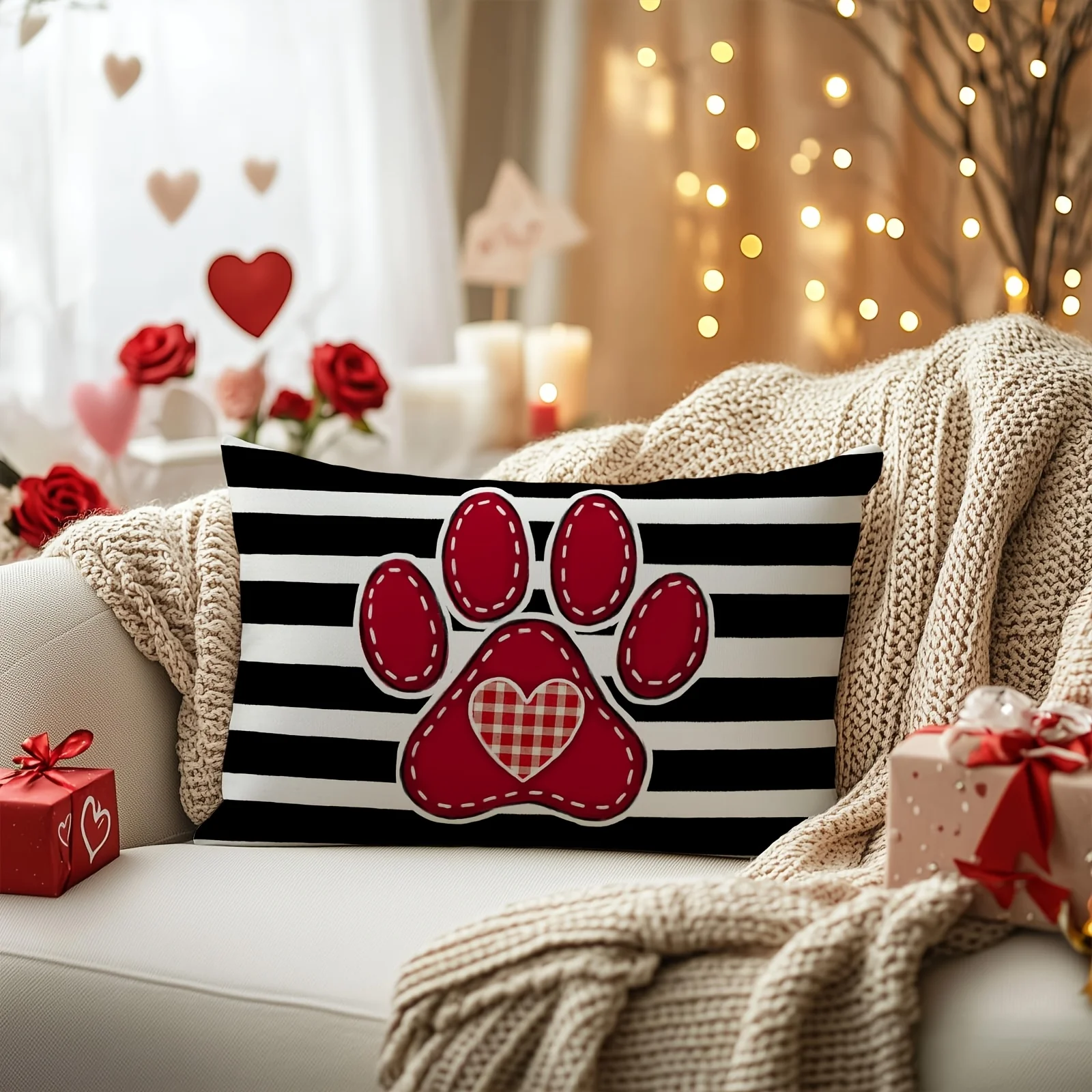 1pc Pet Paw Print Heart Plaid Pillow Cover, Suitable for Sofa, Bedroom, Living Room, Pet Room, Heartwarming Gift for Pet Lovers.