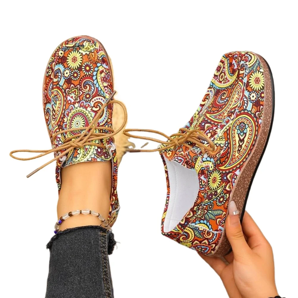 Printemps 2025 femmes imprimé toile chaussures plate-forme décontracté orteil mocassins respirant automne mode baskets